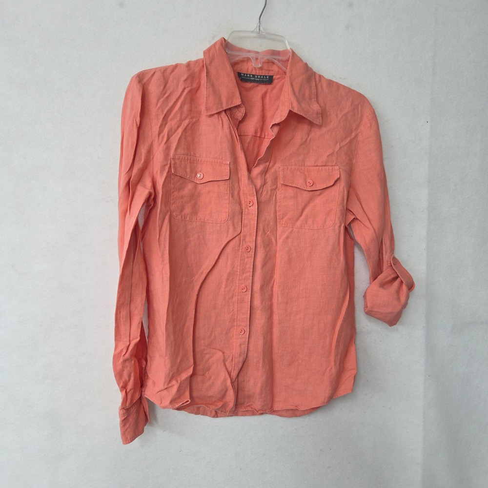 Mark Shale Linen Button Up Shirt Womens 10 Coral Orange Roll‎ Tab Utility